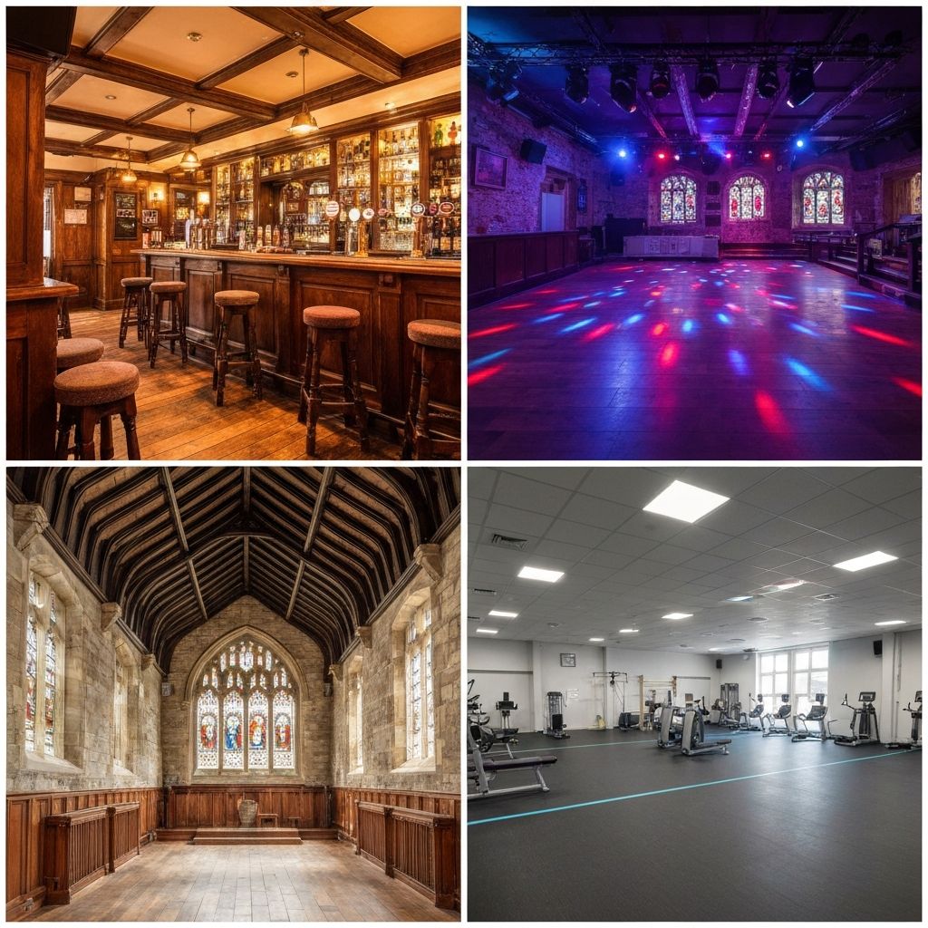 Collage of UK venues requiring Martyn's Law compliance: pubs, bars, churches, and sports centres